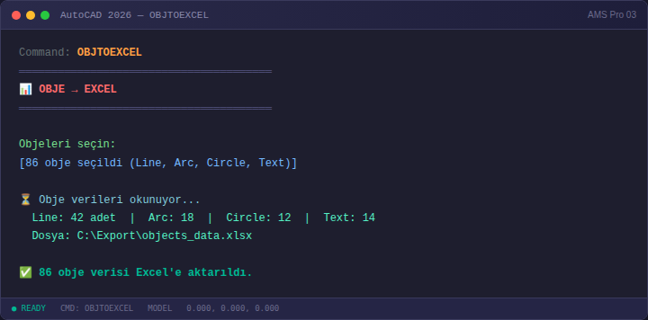 OBJTOEXCEL komutunun ekranı